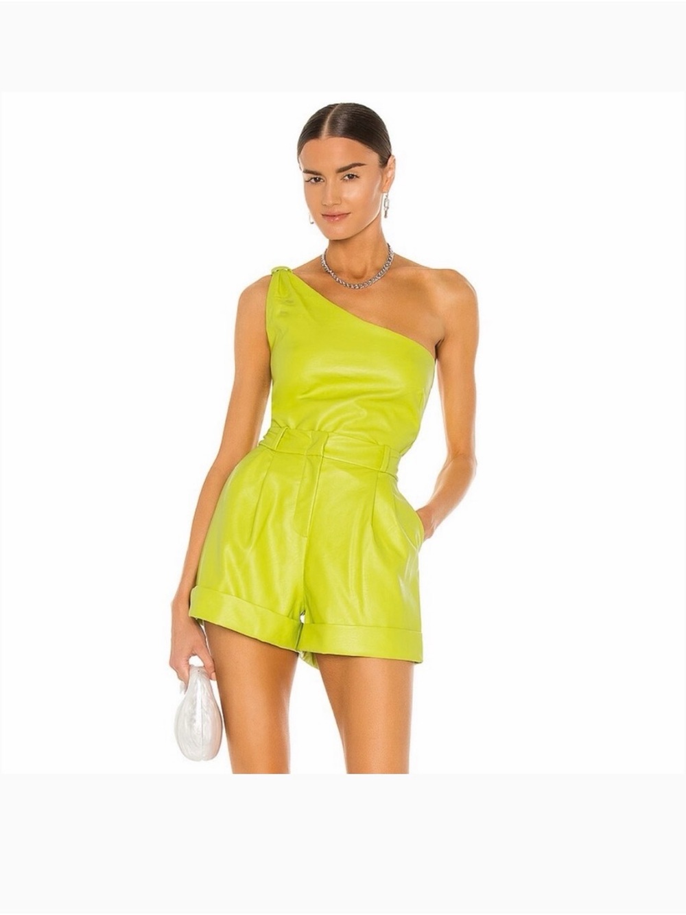 The Bar Neon Lime One-Shoulder Leather Shorts